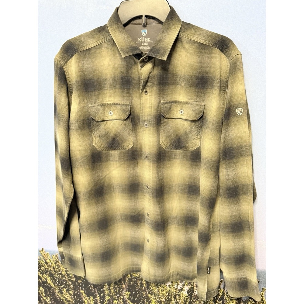 Kuhl Shirt Mens Large Dillingr Flannel Green Plaid Long Sleeve Button Up Outdoor